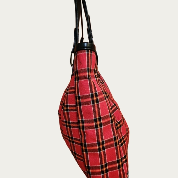 GRUNGE  90's Vintage Red and Black Capacious Tartan Tote with Pleated Design EUC - Picture 7 of 17